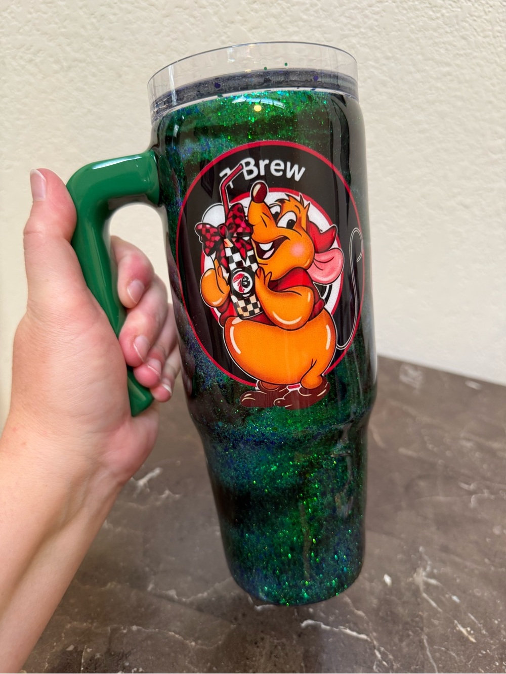 Gus Gus Seven Brew Coffee 7Brew Emerald Green Glitter Tumbler Cup 30 oz Handle